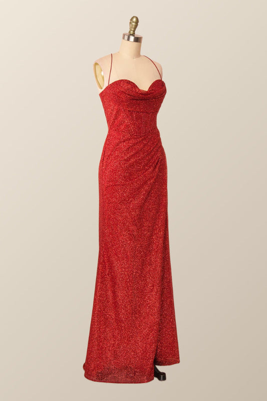 Fitted Red Cowl Neck Long Party Dress with Slit