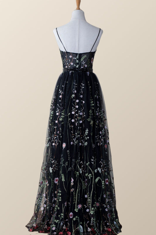 Black Floral V Neck Long Formal Dress