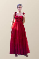 Red Dotted Tulle Corset Ankle Length Dress