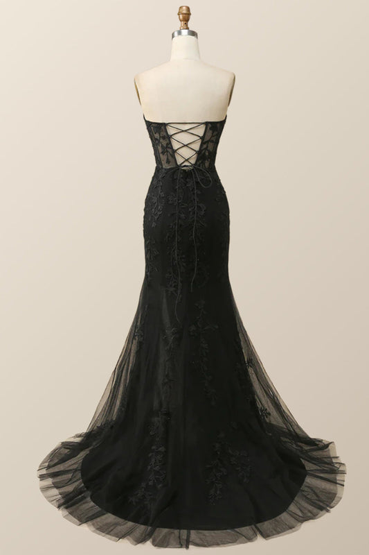 Strapless Black Lace Mermaid Long Prom Dress