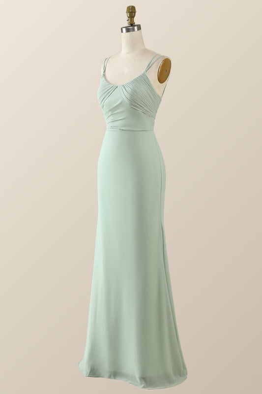 Scoop Mint Green Chiffon Pleated Long Bridesmaid Dress