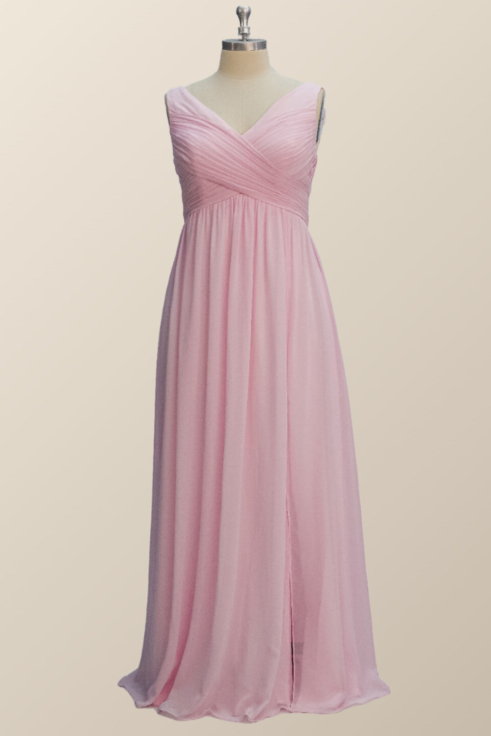 Princess Pink Pleated V Neck Long Bridesmaid Dress