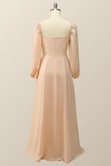 Square Neck Champagne Chiffon Long Bridesmaid Dress