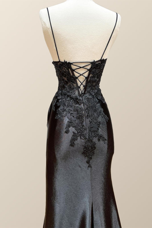 Straps Black Appliques Long Formal Dress with Slit