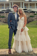 Pink Tiered Ruffle Long Ball Gown with Straps