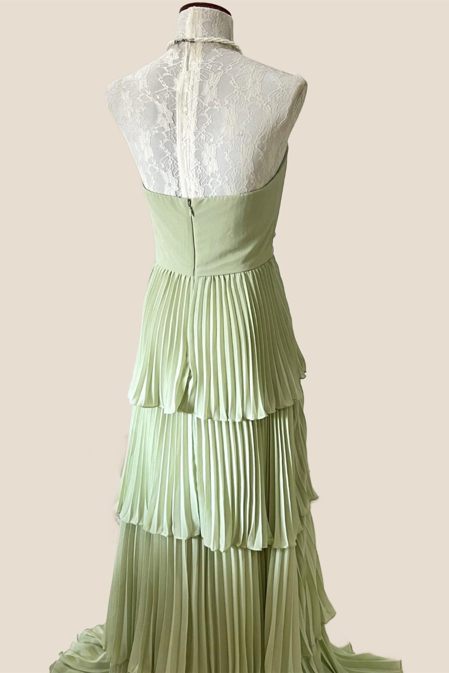 Sage Green Chiffon Pleated Chiffon Tiered Party Dress