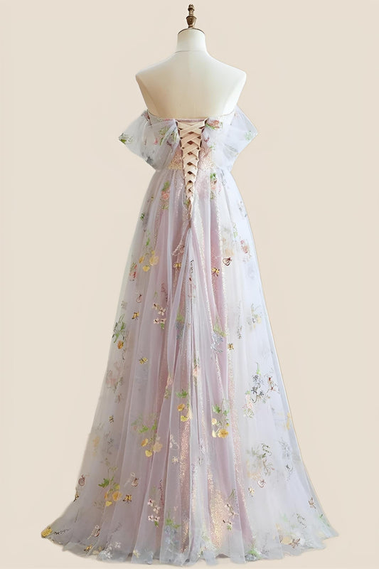 Off the Shoulder Pink Floral Tulle Princess Dress