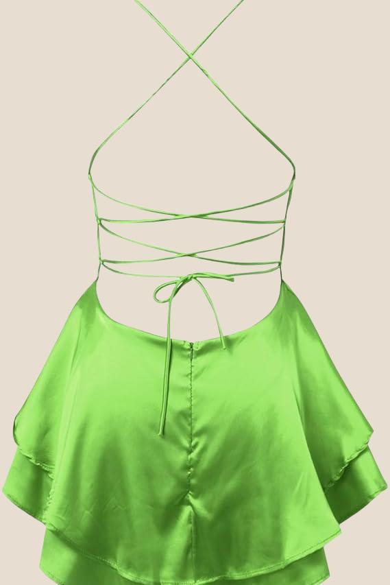 Straps Green Lace-up Back Tiered Party Dress