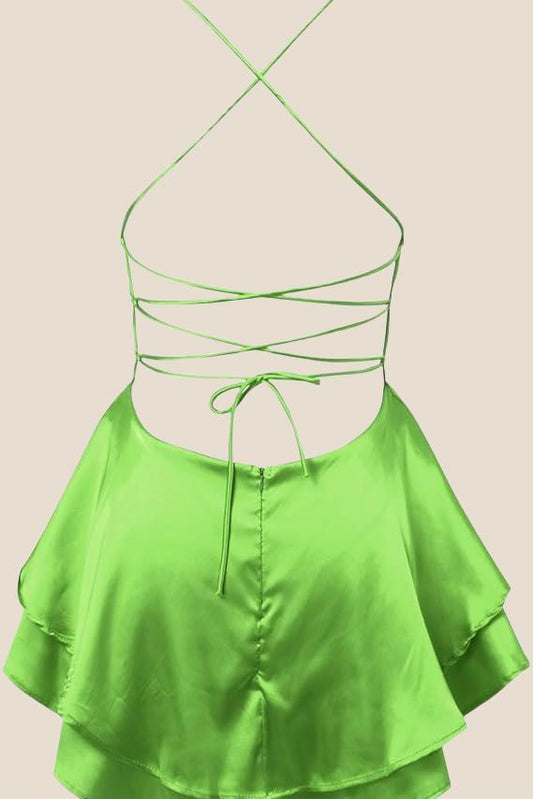 Straps Green Lace-up Back Tiered Party Dress