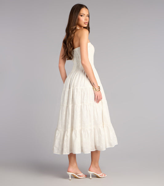 Daytime Vibe Floral Eyelet Strapless Midi Dress