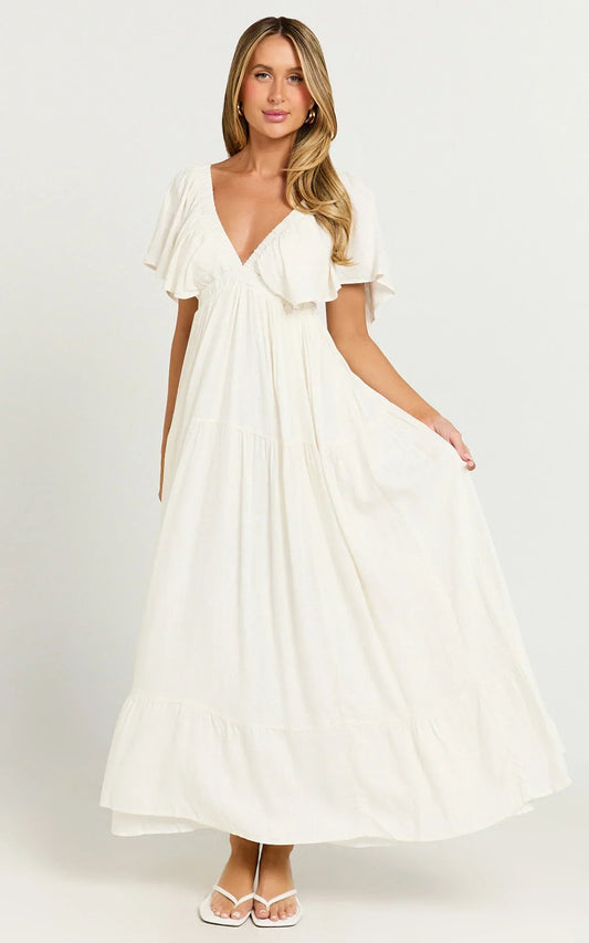 Lyrad Midi Dress - Linen Empire Waist Textured Dress in White