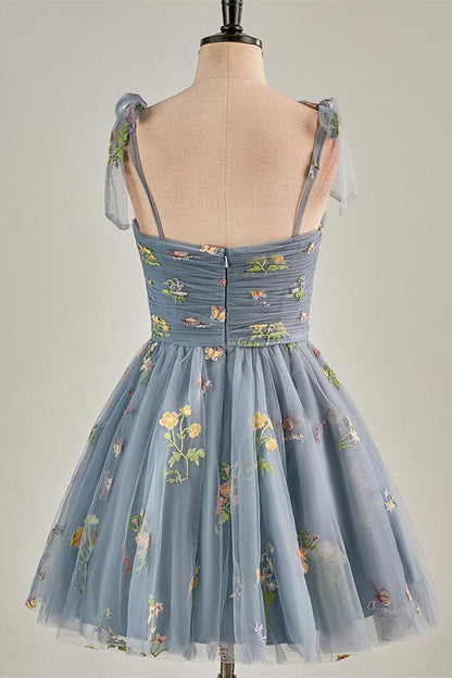 Blue Floral A-line Short Party Dess