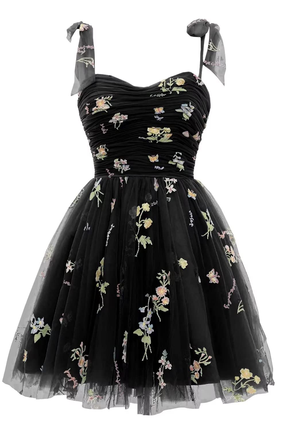 Tie Shoulders Blue Floral A-line Short Dress