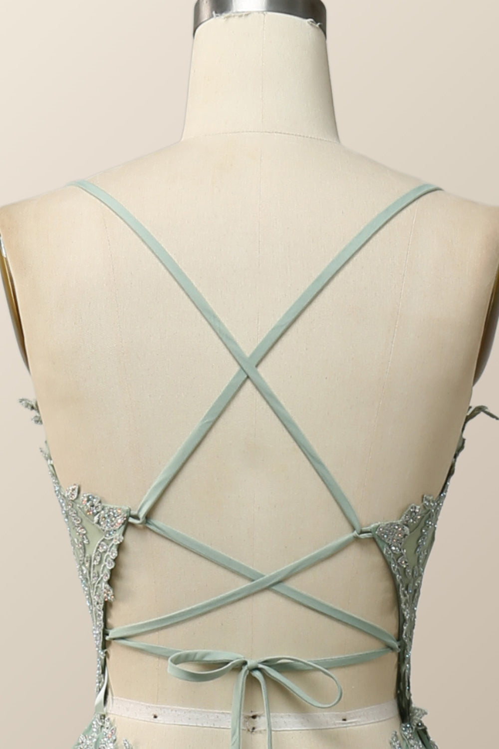 Sage Green V Neck Appliques Long Formal Dress