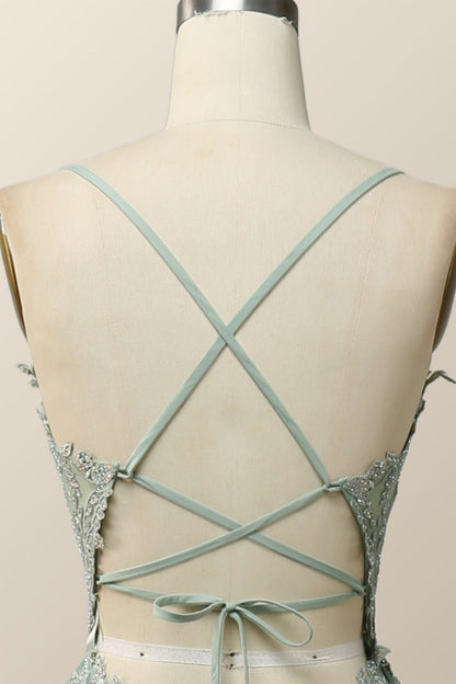 Sage Green V Neck Appliques Long Formal Dress