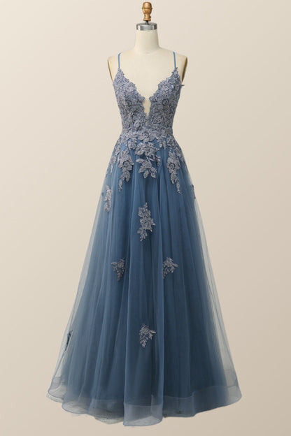 Sage Green V Neck Appliques Long Formal Dress