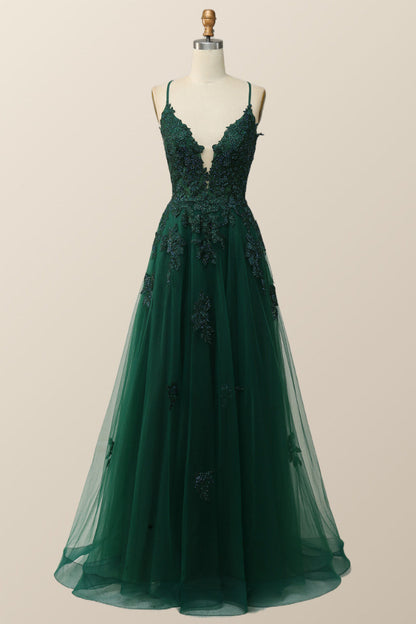 Sage Green V Neck Appliques Long Formal Dress