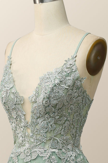 Sage Green V Neck Appliques Long Formal Dress