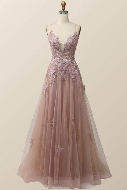 Sage Green V Neck Appliques Long Formal Dress