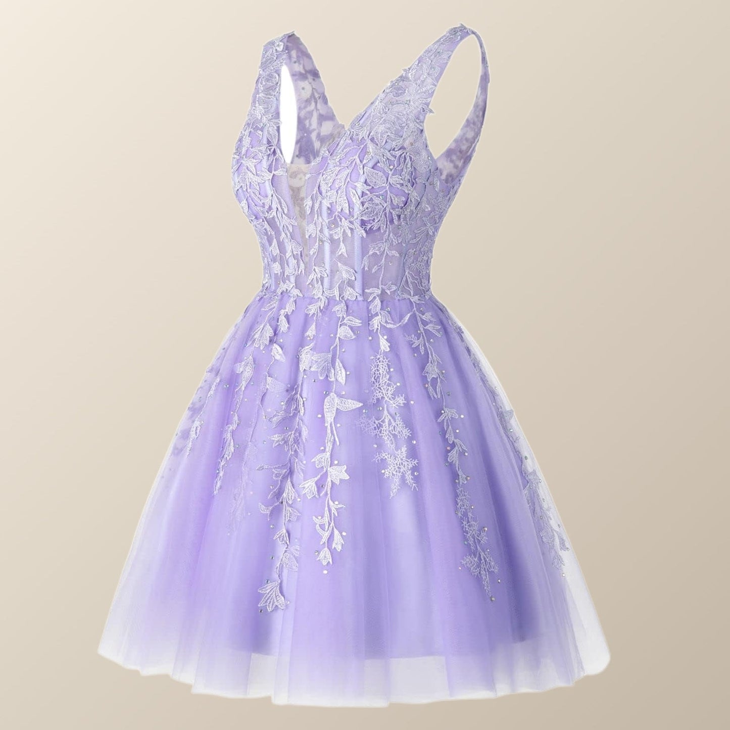 V Neck Lavender Appliques A-line Short Homecoming Dress