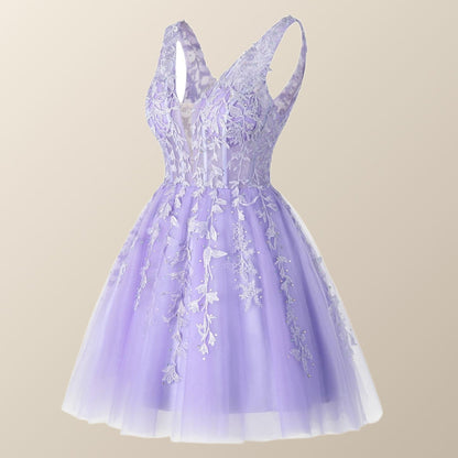 V Neck Lavender Appliques A-line Short Homecoming Dress