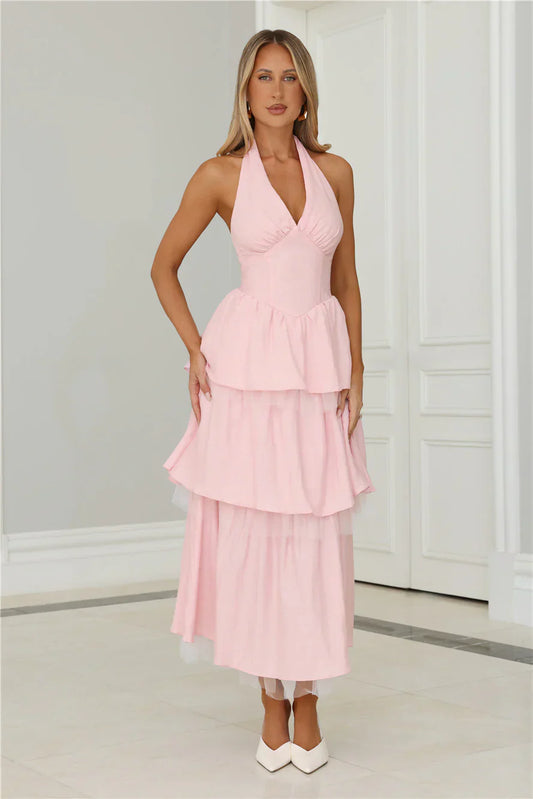 Twinkle Into Night Tulle Halter Maxi Dress Pink
