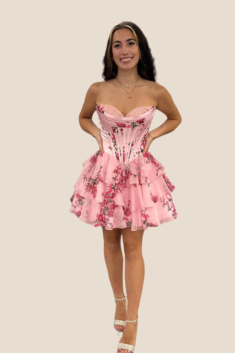 Strapless Blue Floral Corset A-line Short Ruffle Dress