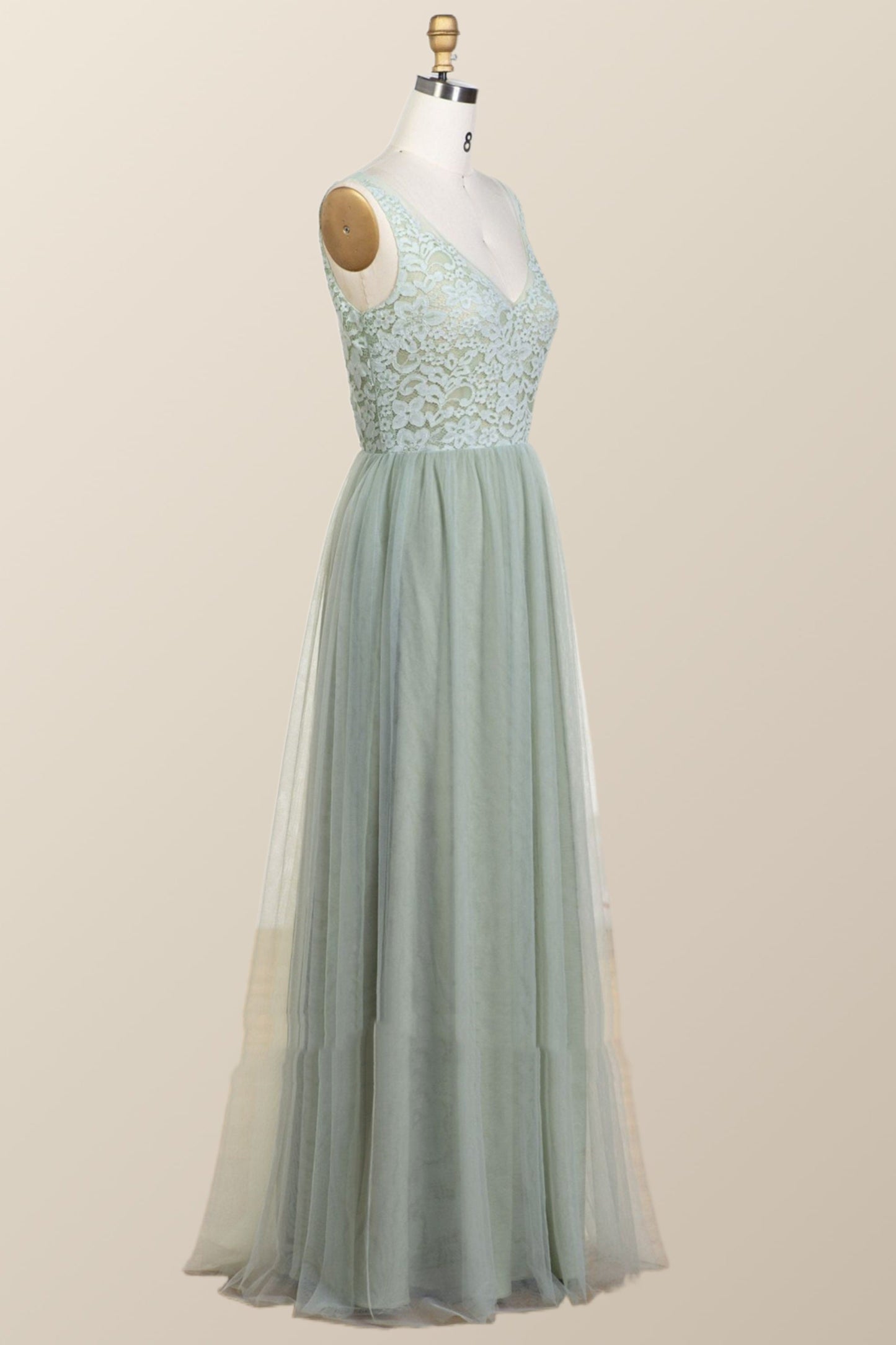 Sage Green Lace and Tulle Long Bridesmaid Dress