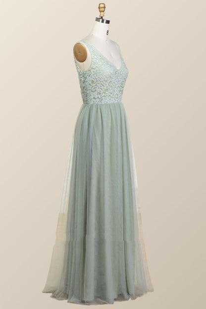 Sage Green Lace and Tulle Long Bridesmaid Dress