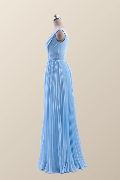 V Neck Blue Chiffon A-line Long Bridesmaid Dress