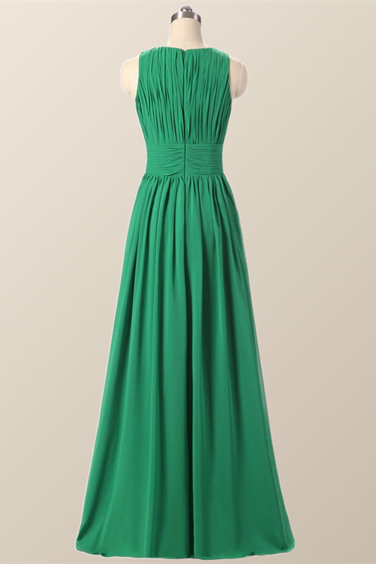 Scoop Green Pleated Chiffon A-line Long Bridesmaid Dress