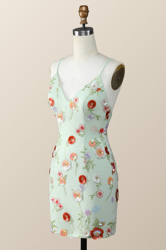 Sage Green Bodycon Mini Dress with Sequin Flowers