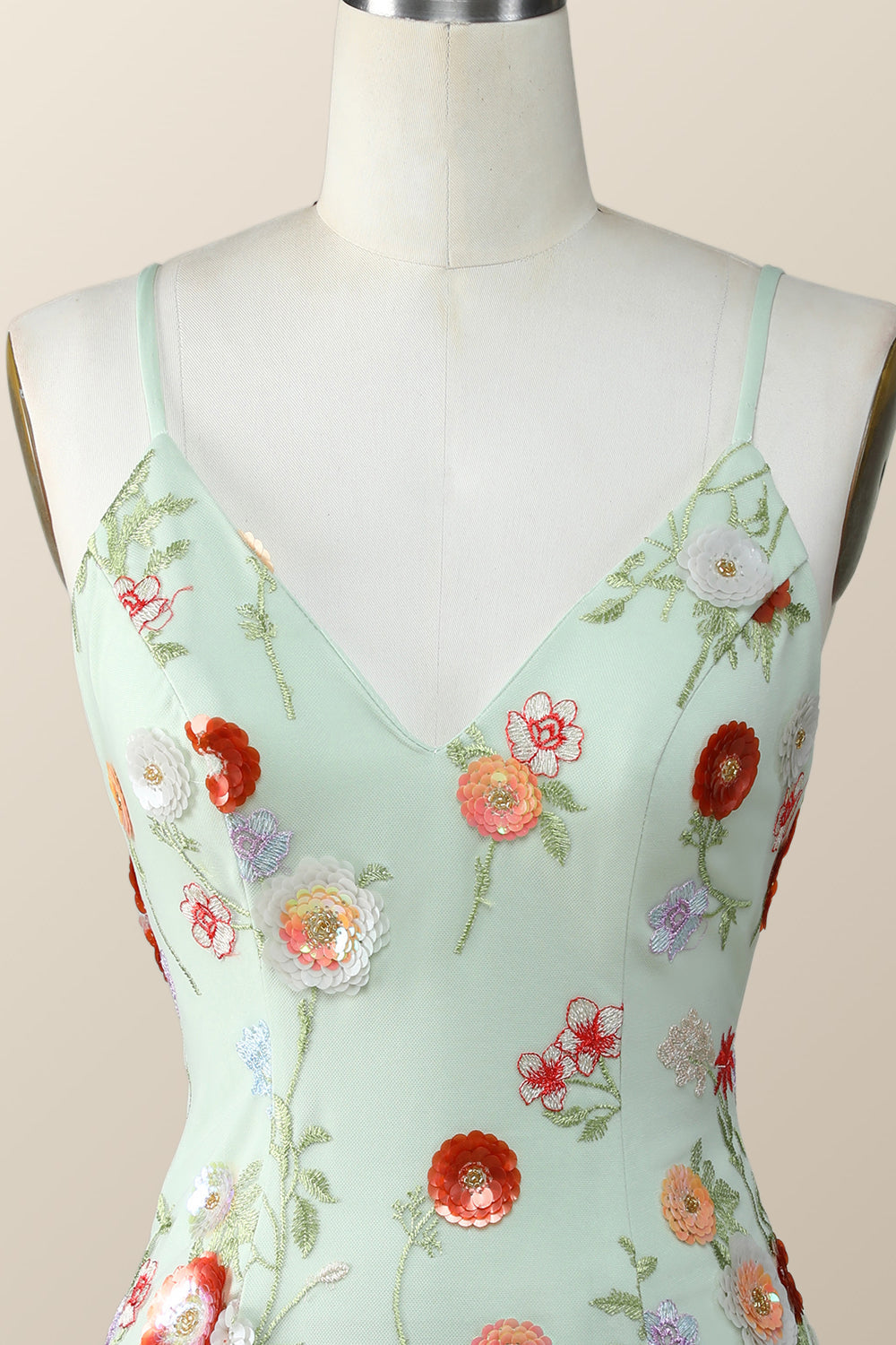 Sage Green Bodycon Mini Dress with Sequin Flowers