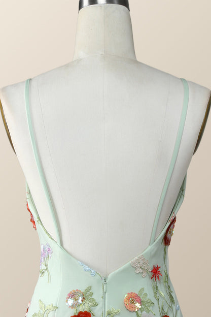 Sage Green Bodycon Mini Dress with Sequin Flowers