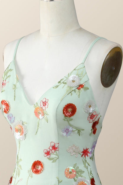 Sage Green Bodycon Mini Dress with Sequin Flowers