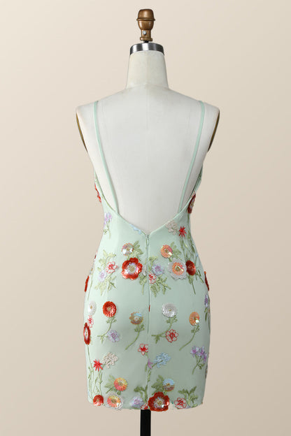 Sage Green Bodycon Mini Dress with Sequin Flowers