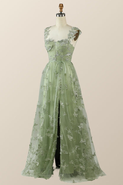 Sage Green Butterfly A-line Long Formal Dress