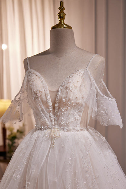 Straps White Tulle Tiered Tulle Formal Gown