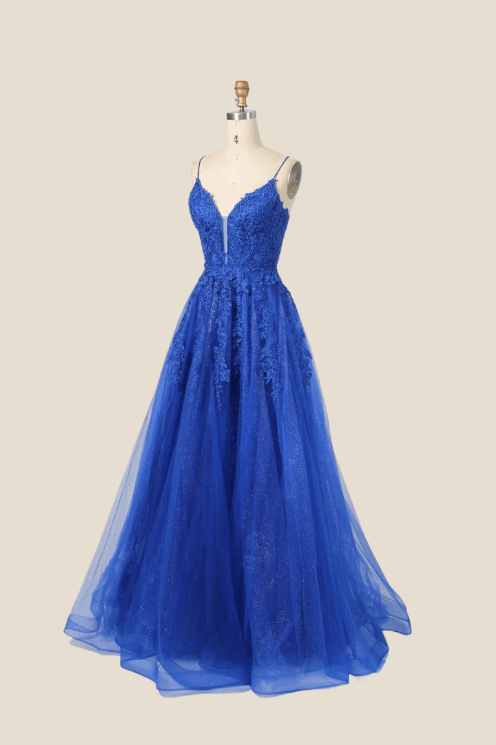 Royal Blue Lace Appliques Tulle Formal Dress