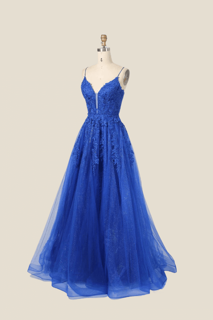 Royal Blue Lace Appliques Tulle Formal Dress