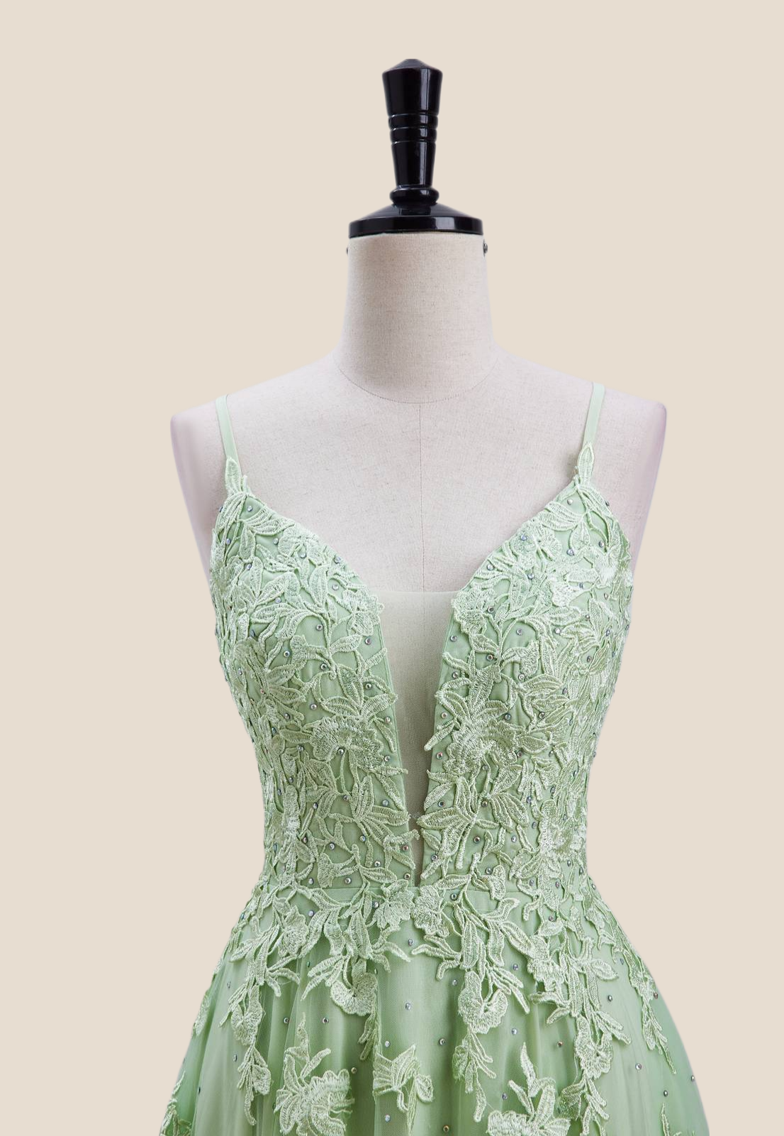 Sage Green Lace Appliques A-line Long Formal Dress