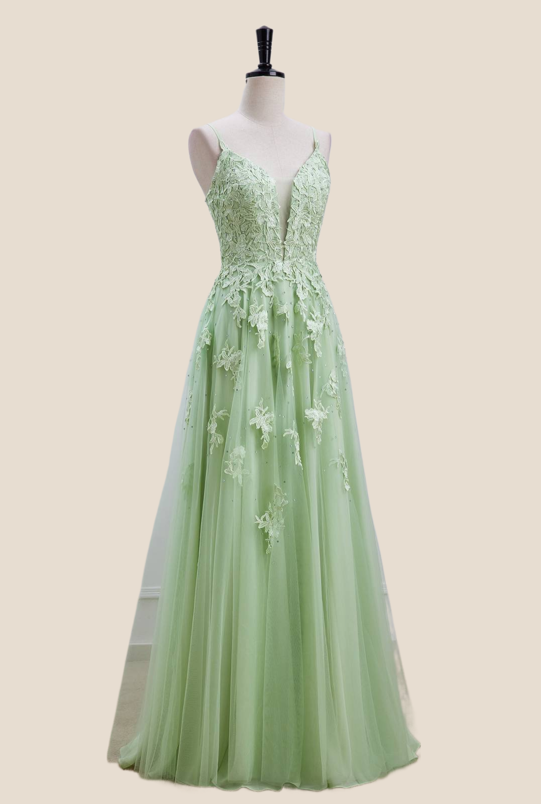 Sage Green Lace Appliques A-line Long Formal Dress