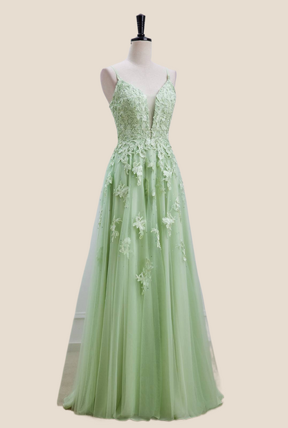 Sage Green Lace Appliques A-line Long Formal Dress