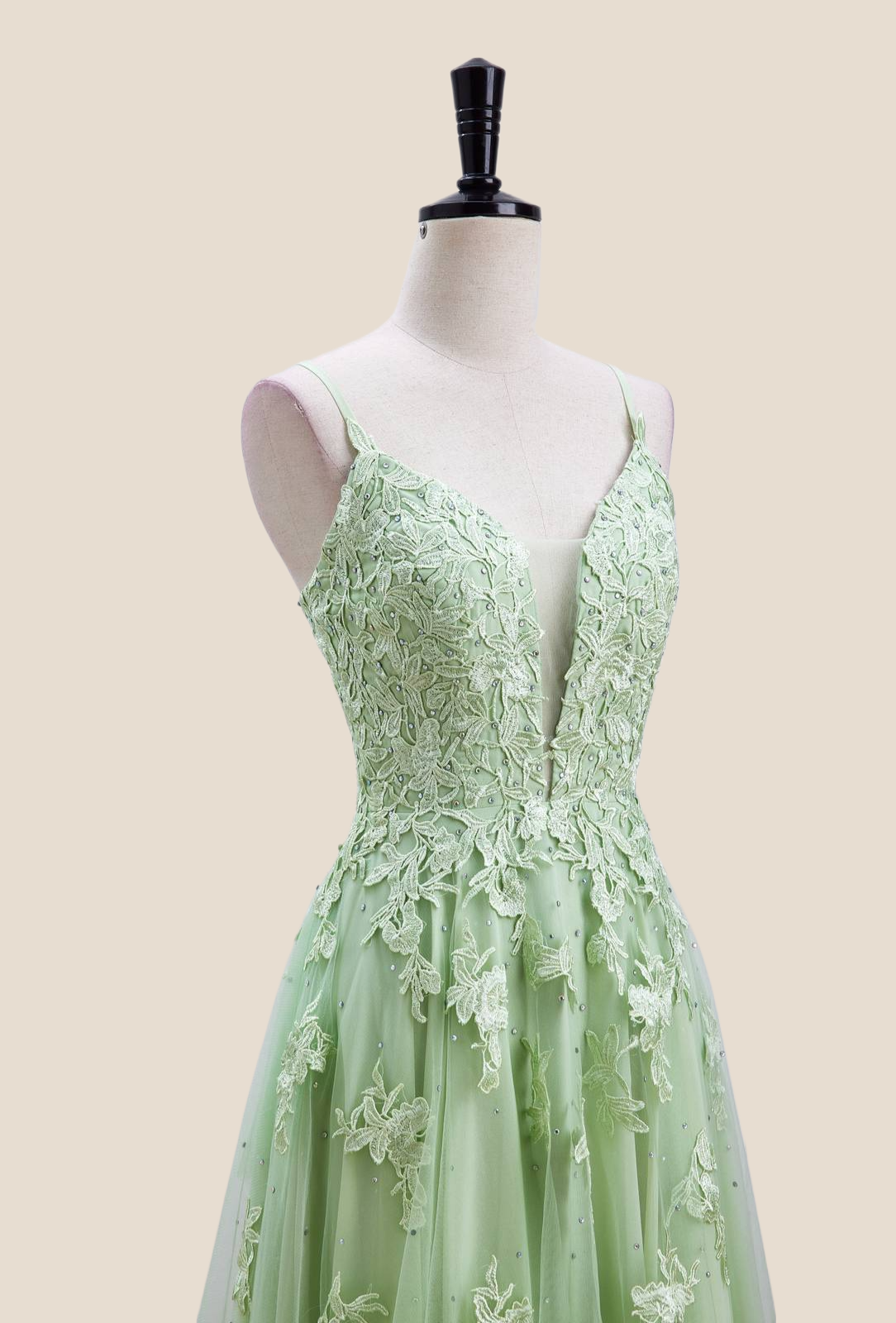 Sage Green Lace Appliques A-line Long Formal Dress