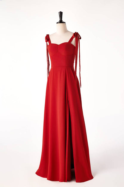 Rust Red Chiffon Long Bridesmaid Dress with Tie Shoulders