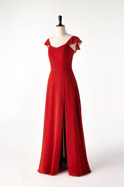 Scoop Rust Red Chiffon Long Bridesmaid Dress