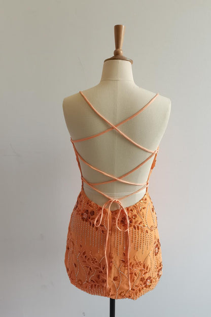 Spaghetti Straps Beaded Pink Mini Dress
