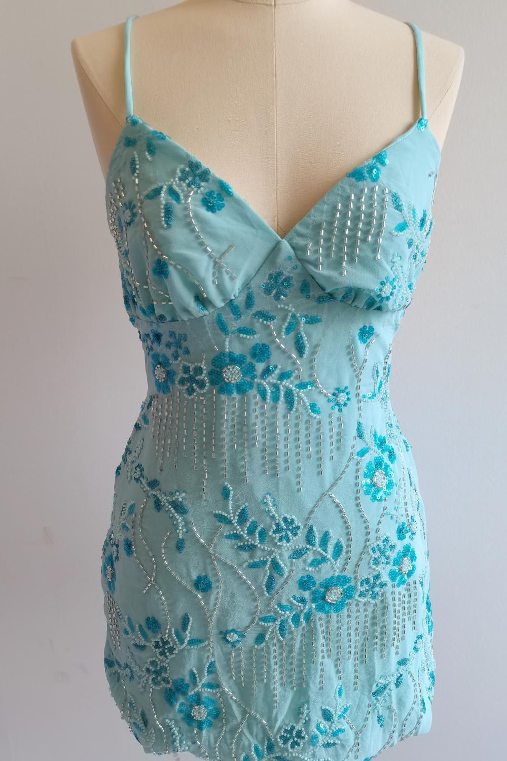 Spaghetti Straps Beaded Orange Mini Dress