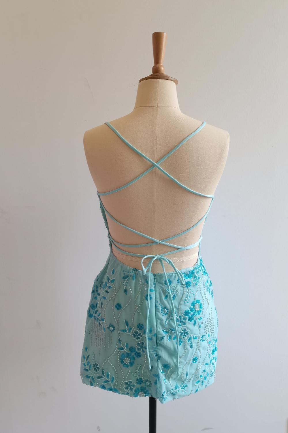 Spaghetti Straps Beaded Fuchsia Mini Dress