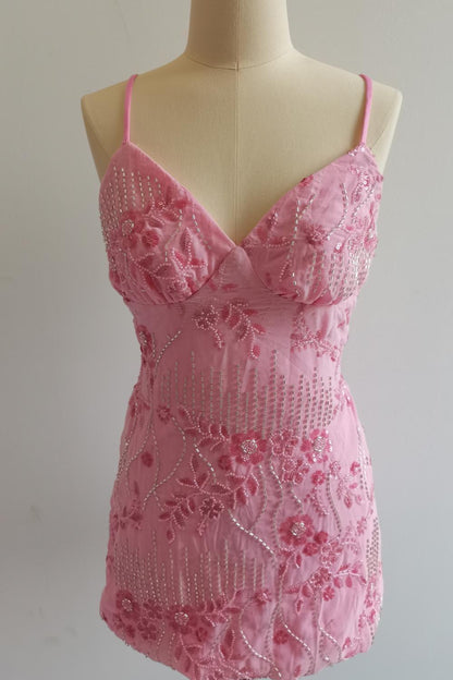 Spaghetti Straps Beaded Orange Mini Dress